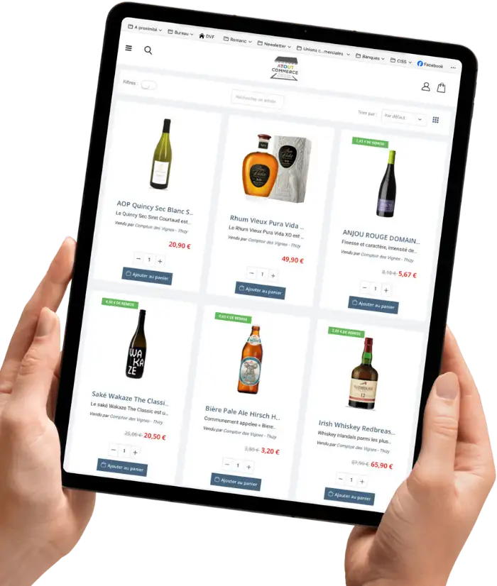 Aperçu d’un site marchand Boostore affiché sur tablette, illustrant la vente en ligne de produits